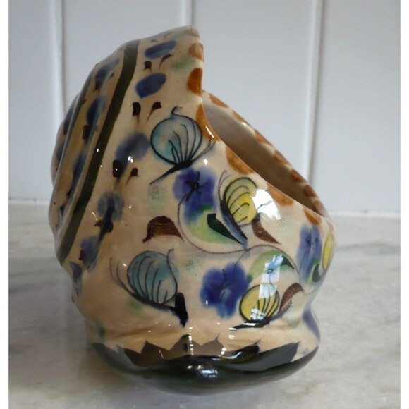 Vtg Tonala Mexico Snail Pottery Hand Painted Signed Planter Sponge Keeper Blue - Picture 4 of 16